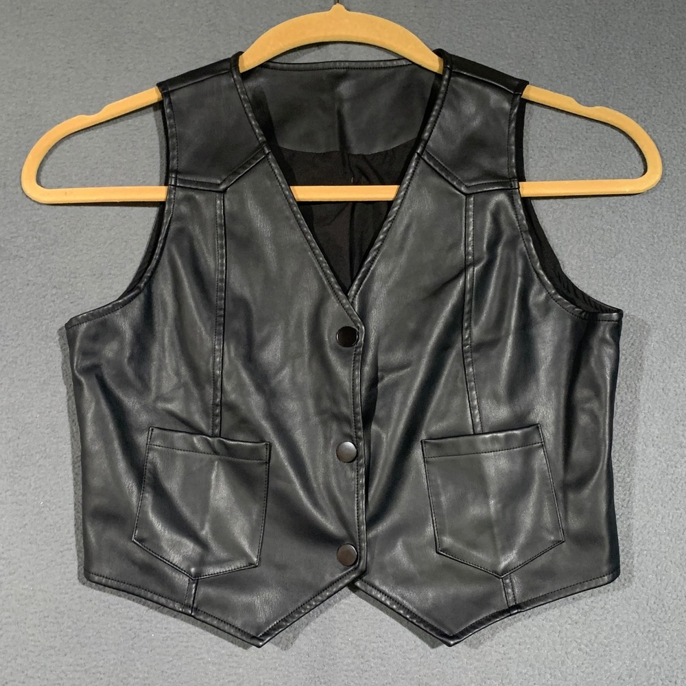 Unbranded Faux Leather Vest Women Medium Black Biker Western Moto Cropped Goth
